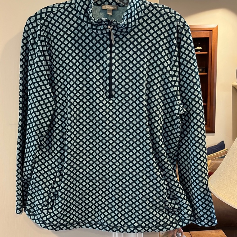 Talbots half zip week end wear top in a deep turquoise and light blue color.
